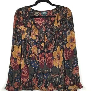 Lauren Ralph Lauren Silk Floral Button Front Ruffle Blouse Top Size 8